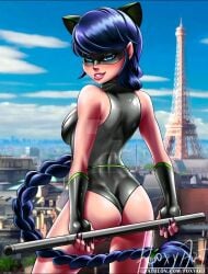 1female 1girls 2024 arched_back artist_signature ass back back_view black_clothing black_latex blue_eyes blue_hair blue_sky braid braided_hair cat_ears city city_background clouds deviantart_link domino_mask eiffel_tower female female_only fingerless_gloves foxyart french french_female gloves heroine holding_melee_weapon ladynoir_(character) latex latex_gloves latex_suit leotard light-skinned_female long_braid long_hair looking_at_viewer looking_back marinette_dupain-cheng melee_weapon miraculous_ladybug paris pink_lips solo superheroine western_cartoon