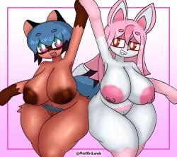 2girls alternate_breast_size anthro big_breasts blue_hair brand_new_animal breasts brown_fur fat fat_woman female female_only fox front_view furry gloves_(marking) holding_hands huge_breasts markings michiru_kagemori misterilands multiple_girls naked nazuna_hiwatashi nude pink_hair pubes pubic_hair raccoon studio_trigger tail tail_markings tanuki white_fur wide_hips