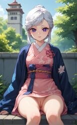 1girls ai_generated cameltoe cute demon_slayer looking_at_viewer medium_breasts purple_eyes pussy rengoart ubuyashiki_amane white_hair