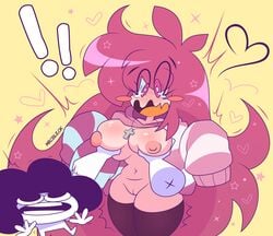 1boy 1girls big_breasts breast_grab breasts cartoony chest_grab color female lee_(secretnarcissist) long_hair mrcbleck nipples pink_hair shocked shocked_expression silly sr_pelo sr_pelo_(character) tagme