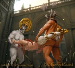 abs big_dick big_penis blowjob carrying carrying_partner censored colored crucible_knight dick dickgirl elden_ring everwetscent female_on_futa futanari gangbang helmet_only loretta_knight_of_the_haligtree malenia_blade_of_miquella muscular muscular_female naked naked_female nudity penis prosthetic prosthetic_arm prosthetic_limb public_nudity public_sex red_hair royal_knight_loretta sex_from_behind strap-on threesome womendemonsemen69 yuri