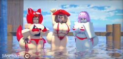 3d 3girls ace_pilot_(rolve) areolae arsenal_(rolve) artist_name ass beach big_ass big_breasts bikini breasts docks looking_at_viewer mochazhi outside pale_skin pirate_(rolve) red_clothing red_panda_(rolve) roblox roblox_game robloxian rolve self_upload sling_bikini standing thighs water