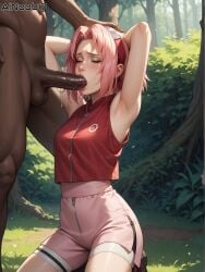 1boy1girl ai_generated ainoob17 armpits arms_behind_head blowjob dark-skinned_male forced green_eyes interracial naruto naruto_shippuden oral oral_sex penis pink_hair sakura_haruno tagme