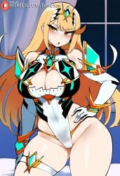 :o ai_generated blonde_hair hand_on_hip large_ass large_breasts long_hair looking_at_viewer mythra mythra_(xenoblade) primosan pussy_juice revealing_clothes standing wide_hips xenoblade_(series) yellow_eyes