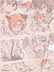 animal_ears artist_signature bandage bandage_over_one_eye bandages black_cat_ears black_tie blowjob blowjob_face blowjob_gesture blush blush_lines blushed blushing blushing_at_partner blushing_male blushing_profusely bottom_dazai brown_hair brown_hair_male brunet bsd bungo_stray_dogs bungou_stray_dogs bunny_boy bunny_ear bunny_ears carrot cat_boy cat_ears chuuya_nakahara collared_shirt color colored comic comic_page creative_censorship dark_hair dazai_osamu feminine_male girly heart heart-shaped_pupils heart_symbol hearts hoodie japanese_text licking multiple_panels nakahara_chuuya osamu_dazai panels pixiv rabbit_boy rabbit_ears red_hair red_hair_male signature soukoku suit suit_and_tie sweat sweatdrop sweating sweaty text text_bubble thought_bubble tie twink