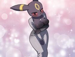 birds_eye_view blush blush blushing_at_viewer cleav cleavage gray_dress grey_dress hakkimanime large_breasts long_dress looking_at_viewer necklace pokemon pokemon_(species) umbreon