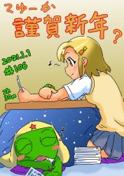 1boy angol_mois blonde_hair breasts dark_skin female gyaru hair_ornament hairclip highres keroro keroro_gunsou school_uniform sweater_vest you_bird