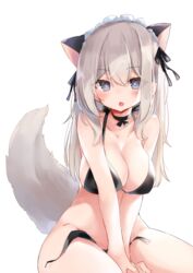 :o animal_ears bare_arms bare_shoulders bikini black_bikini black_choker blue_eyes breasts cat_ears cat_tail choker cleavage collarbone female grey_hair groin hair_ribbon headdress heart heart-shaped_pupils highres large_breasts long_hair looking_at_viewer nekomugiharu open_mouth original ribbon simple_background solo swimsuit symbol-shaped_pupils tail v_arms white_background