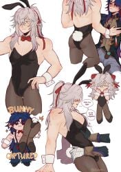 bandaged_arm bandages blade_(honkai:_star_rail) blue_hair blush blush_lines bow_in_hair bow_ribbon bunny_boy bunny_ear bunny_ears bunny_tail clothed dark_blue_hair feeling_up gay glove gray_hair hand_on_hip homosexual honkai:_star_rail jing_yuan light_grey_hair long_hair overalls ponytail red_eyes ribbon ribbon_in_hair scars tights yellow_eyes