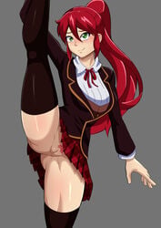 1girls arc_family_crest blush emblem_(jaune_arc) green_eyes leg_lift loquillo no_panties no_underwear pinup ponytail pubic_hair pussy pyrrha_nikos red_hair rooster_teeth rwby school_uniform schoolgirl skirt skirt_lift smile solo solo_female stockings styled_pubes tagme thighhighs thighs vagina