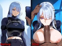 1girls ai_generated ak-15_(girls'_frontline) before_and_after big_breasts blush breasts dark-skinned_male fellatio female female_focus girls'_frontline heart-shaped_pupils hypnosis hypnosis_app large_breasts light-skinned_female long_hair looking_at_viewer looking_pleasured mature_female mind_control phone purple_eyes white_hair