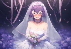 1girls ai_generated bernadetta_von_varley blush cleavage fire_emblem fire_emblem:_three_houses looking_at_viewer nintendo novelai open_mouth purple_hair solo solo_female wedding_dress