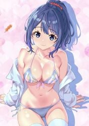 ass_visible_through_thighs bare_arms bare_belly bare_shoulders belly_button big_breasts bikini blue_bikini blue_eyes blue_hair blue_thighhighs blush breasts cleavage closed_mouth collarbone front-tie_bikini_top groin hair_ribbon jacket kousan make_heroine_ga_oo_sugiru! off_shoulder open_jacket ponytail side-tie_bikini_bottom sideboob sitting smile string_bikini thighhighs thighs yanami_anna zettai_ryouiki