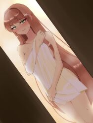 breasts doki_doki_literature_club female female_only green_eyes looking_at_viewer miham_moni monika_(doki_doki_literature_club) solo towel towel_only white_bow