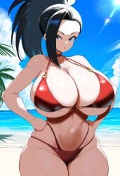 ai_generated ameanon beach big_breasts bikini black_hair boku_no_hero_academia breasts cleavage hands_on_hips huge_breasts large_breasts momo_yaoyorozu my_hero_academia red_bikini sideboob thick_thighs underboob yaoyorozu_momo