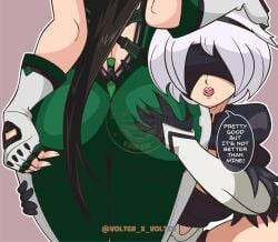 2girls ass big_ass big_butt black_hair bodysuit crossover english_text eve_(stellar_blade) female female_only grabbing_ass green_bodysuit hand_on_ass hand_on_butt large_ass long_hair multiple_girls nier nier:_automata nier_(series) stellar_blade text volter_x_volter white_hair yorha_2b yuri