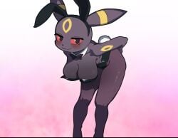 arms_behind_back bent_over blush blush bowtie bunny_costume bunny_tail bunnysuit collar hakkimanime large_breasts looking_at_viewer pokemon pokemon_(species) umbreon