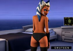 ahsoka_tano ai_generated alien_girl ass_focus clone_wars eye_contact inviting_to_sex looking_at_viewer looking_back_at_viewer on_model orange_butt orange_skin seductive_look seductive_smile smutgen star_wars thighhighs togruta topless topless_female