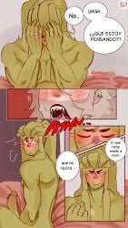 2boys argentina_(countryhumans) ashamed blush brazil_(countryhumans) comic comic_page comic_panel countryhumans couple devil_horns devil_tail dreadlocks erect_penis erection fangs gay horns incubus kinky_naty long_hair male/male married_couple on_bed pierced_penis piercing piercings tail yaoi