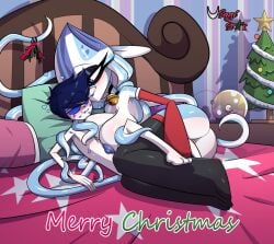 anthro ari_star_(usagi_star) bedroom blue_body blush breast_rest breasts cephalopod christmas clothing coleoid decapodiform dominant dominant_female eyelashes female genitals handwear holidays human humanoid kiss_mark legwear male male/female mammal marine mollusk nipples nude pussy tentacle usagi_star