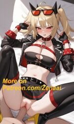 1boy ai_generated bed blonde_hair blush burnice_white dick female hoyoverse male/female patreon_username penetration penis_in_pussy self_upload short_hair spread_legs sunglasses_on_head twintails zenaai zenless_zone_zero