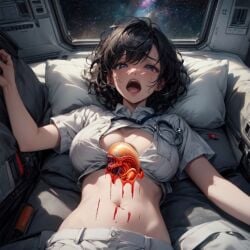 ai_generated alien alien_(franchise) anime_style belly black_hair breasts chestburster female girl gore space veltro01