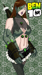 1girls ben_10 ben_tennyson black_lipstick black_sclera brown_hair cleavage corruption female female_ben frankenstrike gender_transformation gloves green_eyes long_hair maudxie miniskirt mtf_transformation omnitrix ripped_clothing rotting_flesh rule_63 solo torn_clothes transformation transylian