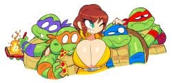 1girls 2024 4boys april_o'neil april_o'neil_(tmnt_1987) big_breasts cleavage donatello_(tmnt) female_focus huge_breasts leonardo_(tmnt) michelangelo_(tmnt) raphael_(tmnt) teenage_mutant_ninja_turtles theguywhodrawsalot