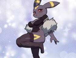 blush dress hakkimanime long_socks looking_at_viewer no_humans one_leg_up pokemon pokemon_(species) quarter_view sexy_dress sexy_pose skimpy_clothes skimpy_dress standing_on_one_leg umbreon