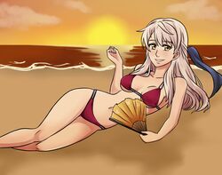 1girls alisa_(vallurite) alternate_costume bare_arms bare_legs bare_midriff bare_shoulders beach bikini collarbone fan fire_emblem fire_emblem:_radiant_dawn fire_emblem_heroes grin long_hair looking_at_viewer medium_breasts micaiah_(fire_emblem) micaiah_(hoshidan_summer)_(fire_emblem) nintendo ocean on_side pose red_bikini red_swimsuit seaside silver_hair smile solo sunset swimsuit wide_hips yellow_eyes