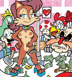 adventures_of_sonic_the_hedgehog archie_comics blue_eyes brown_fur brown_hair collar crossover dollar_bills dr._eggman dr_robotnik epicsubterfuge eyelashes heart heels ivo_robotnik luigi mario_(series) mobian_(species) money necklace pole_dancing question_block sally_acorn scratch_(sonic) sega smile sonic_(series) sonic_satam sonic_the_hedgehog_(archie) sonic_the_hedgehog_(comics) sonic_the_hedgehog_(series) speech_bubble stripper stripper_pole toad_(mario) what