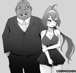 1boy 1girls bay_(nikke) big_breasts black_and_white commission dark-skinned_male dark_skin embarrassed fat_man female goddess_of_victory:_nikke humiliation large_hair manga manipulation netorare nikke skru suit_and_tie ugly_bastard ugly_man