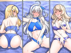 3girls ass bikini blonde_hair blue_bikini blue_hairband blush breasts brown_eyes clothed_masturbation double_bun female_masturbation female_only fletcher_(kantai_collection) fletcher_mk_ii_(kantai_collection) fletcher_mk_ii_(swimsuit_mode)_(kantai_collection) full-face_blush furaggu_(frag_0416) grabbing_own_breast grey_eyes grey_hair hair_between_eyes hair_bun hair_ornament hairband highres houston_(kantai_collection) houston_(swimsuit_mode)_(kantai_collection) kantai_collection large_breasts light_brown_hair long_hair lying masturbation masturbation_through_clothes multicolored_bikini multicolored_clothes multiple_girls navel official_alternate_costume on_back purple_eyes remodel_(kantai_collection) sailor_bikini sailor_collar sports_bikini spread_legs star_(symbol) star_hair_ornament swimsuit top-down_bottom-up very_long_hair washington_(kantai_collection) washington_(swimsuit_mode)_(kantai_collection) white_bikini