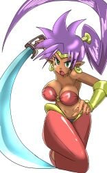 1girls angry_expression breasts dark-skinned_female earrings female female_only green_eyes pointy_ears purple_hair shantae shantae_(character) solo sword thighs