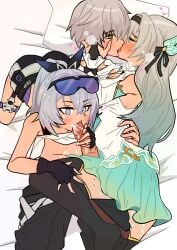 1boy 2girls 2girls1boy 2girls_sharing blowjob blush blushing caelus_(honkai:_star_rail) cum cum_in_mouth cum_on_face firefly_(honkai:_star_rail) grey_hair honkai:_star_rail honkai_(series) kissing long_hair pocha silver_eyes silver_wolf_(honkai:_star_rail) sunglasses sunglasses_on_head tagme threesome yellow_eyes