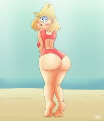 beach blonde_hair blushing_at_viewer curvaceous huge_ass julex93 lipstick looking_back milf nickelodeon one_piece_swimsuit puckered_lips red_swimsuit rita_loud sunny the_loud_house wide_hips