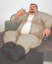 bara cigarette clothing dad_bod facial_hair feet fully_clothed kuki1210 male male_only sitting socks solo solo_male