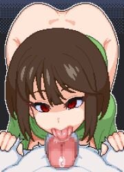 1boy animated animated_gif anthro anthro_on_female anthro_on_human asriel_dreemurr blowjob brown_hair censored chara chara_(undertale) female female_human gif half_naked half_naked_female half_nude holding holding_thighs licking licking_penis looking_at_penis pixel_art red_eyes saliva shaking solo solo_female undertale undertale_(series) unseen_character unseen_male_face uramomo white_fur