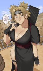 1girls big_breasts blonde_hair blush breasts cleavage curvy desert female female_focus female_only fingerless_gloves gloves green_eyes gud0c headband heat highres kimono kunoichi large_breasts naruto naruto_(series) naruto_shippuden ninja no_bra paper_fan rooftop short_hair solo sunagakure sunagakure_symbol temari thick_thighs thighs twintails unique_hair voluptuous wide_hips