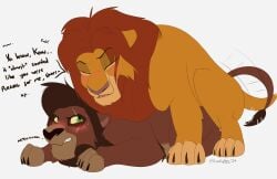 absurd_res anal anal_sex aurapuparts blush brown_body brown_fur claws dialogue digital_media_(artwork) disney duo english_text felid feral from_behind_position fur growling hair hi_res kovu kovu_(the_lion_king) lion male male/male male_penetrated male_penetrating male_penetrating_male mammal mane mounting open_mouth pantherine penetration questionable_consent sex simba simba_(the_lion_king) simple_background tail text the_lion_king the_lion_king_ii:_simba's_pride