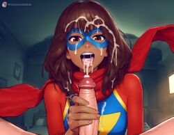 1boy 1boy1girl 1girl1boy ai_generated bed bedroom brown_eyes brown_hair brown_skin brown_skinned_female cum cum_in_mouth cum_on_costume cum_on_face cum_on_hair female kamala_khan marvel marvel_comics ms._marvel ms._marvel_(kamala_khan) muslim muslim_female pakistani pakistani_female picture_frame picture_frames pillow pillows window