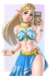 1girls absurd_res alternate_costume blonde_hair breath_of_the_wild earrings female gerudo_link_(cosplay) gerudo_outfit gerudo_outfit_zelda gerudo_top green_eyes hylian jackary_draws long_hair navel_piercing nintendo persian_clothing princess_zelda sheikah_slate solo swana_clothing tagme the_legend_of_zelda zelda_(breath_of_the_wild)