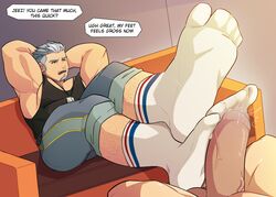 bara big_penis cum ejaculation facial_hair fanart foot_fetish footjob gay goatee green_eyes gyee highres male_focus male_only miles_(gyee) muscular muscular_male penis penis_out short_hair silver_hair socks thick_legs thick_penis uncensored vvulfbara yaoi