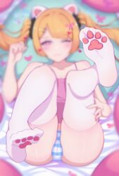 1girls absurd_res absurdres animal_ears ass bed blonde_hair blurry blush_lines bow cameltoe camisole cat_ears depth_of_field fake_animal_ears feet female foot_focus grabbing_own_thigh hair_ornament hairbow hairclip heart heart-shaped_pupils highres huge_filesize knees_to_chest laying_on_back legs legs_up long_hair lying nekomimi no_pants on_back one_eye_closed original panties paw_print_soles pillow pink_camisole pink_eyes ribbon s scrunchie smile soles solo striped striped_panties thighhighs thighs toes twintails underwear white_legwear white_thighhighs yao_(pixiv9482697)