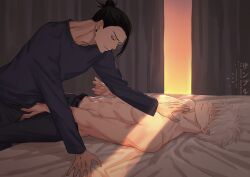 2boys black_hair blue_eyes bom61487782 jujutsu_kaisen satoru_gojo suguru_geto touching_penis white_hair yaoi