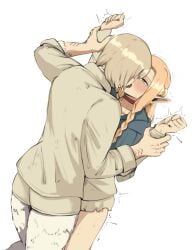 2girls absurdres blonde_hair blush body_fur dungeon_meshi elf evaleen_d falin_touden falin_touden_(chimera) falin_touden_(tallman) fanon_couple french_kiss green_eyes highres kissing lesbian lesbian_couple lesbian_kiss long_hair lovers marcille_donato multiple_girls no_escape pinned pinned_to_wall pointy_ears simple_background spoilers tongue yuri