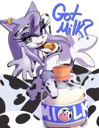 1girls anthro anthro_only anthrofied blue_eyes cow_print cow_print_bikini feline female female_only fur furry milk milk_bottle mobian_(species) original_character pinup purple_fur senshion solo sonic_(series) sonic_the_hedgehog_(series)