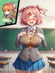 2girls ^^^ ai_generated aimoonshine alternate_breast_size attribute_slider blazer blue_skirt blush bow breast_expansion breasts bursting_breasts chalkboard chibi chibi_inset classroom cleavage color cowboy_shot desk doki_doki_literature_club duo female female_only full-face_blush green_eyes grey_jacket hair_ornament hair_ribbon hairbow hairclip hands_on_own_chest hologram indoors jacket large_breasts long_hair long_sleeves looking_down monika_(doki_doki_literature_club) multiple_girls natsuki_(doki_doki_literature_club) oerba_yun_fang open_mouth orange_hair pink_eyes pink_hair pleated_skirt ponytail red_ribbon ribbon school_uniform shirt short_hair skirt smile smug surprised torn_clothes two_side_up white_ribbon white_shirt