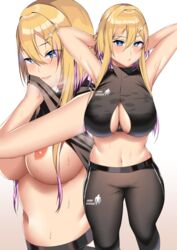 1girls arms_behind_head azur_lane big_breasts blonde_hair blue_eyes breasts female female_only gym hair_ornament large_breasts lilycious looking_at_viewer marblehead_(azur_lane) midriff smile solo solo_female sports_bra sportswear sweat sweating thick_thighs