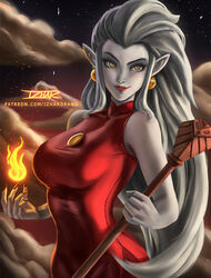 1girls big_breasts busty disney disney_channel dress earrings eda_clawthorne fang_out fireball gray_hair grey_hair grey_skin holding_staff izhardraws lipstick long_hair nail_polish oerba_yun_fang owlbert painted_nails pale_skin pointy_ears red_dress red_lips red_lipstick red_nail_polish red_nails smooth_skin staff tagme the_owl_house witch yellow_eyes